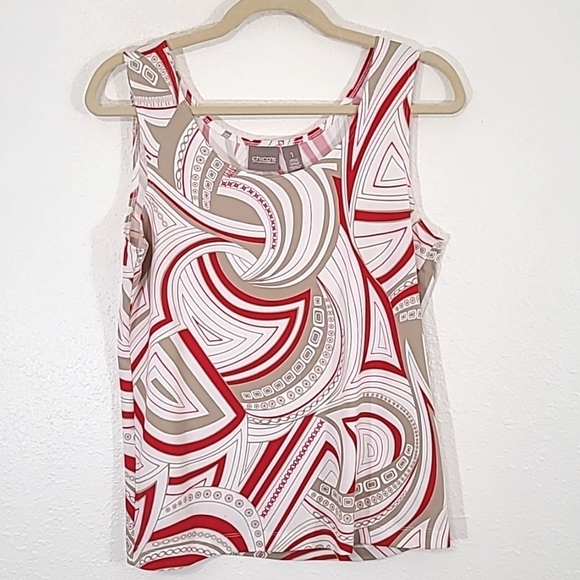 CHICO'S Red/White/Taupe Geometric Patterned Sleeveless Top, size 1 (Small) - Picture 1 of 6
